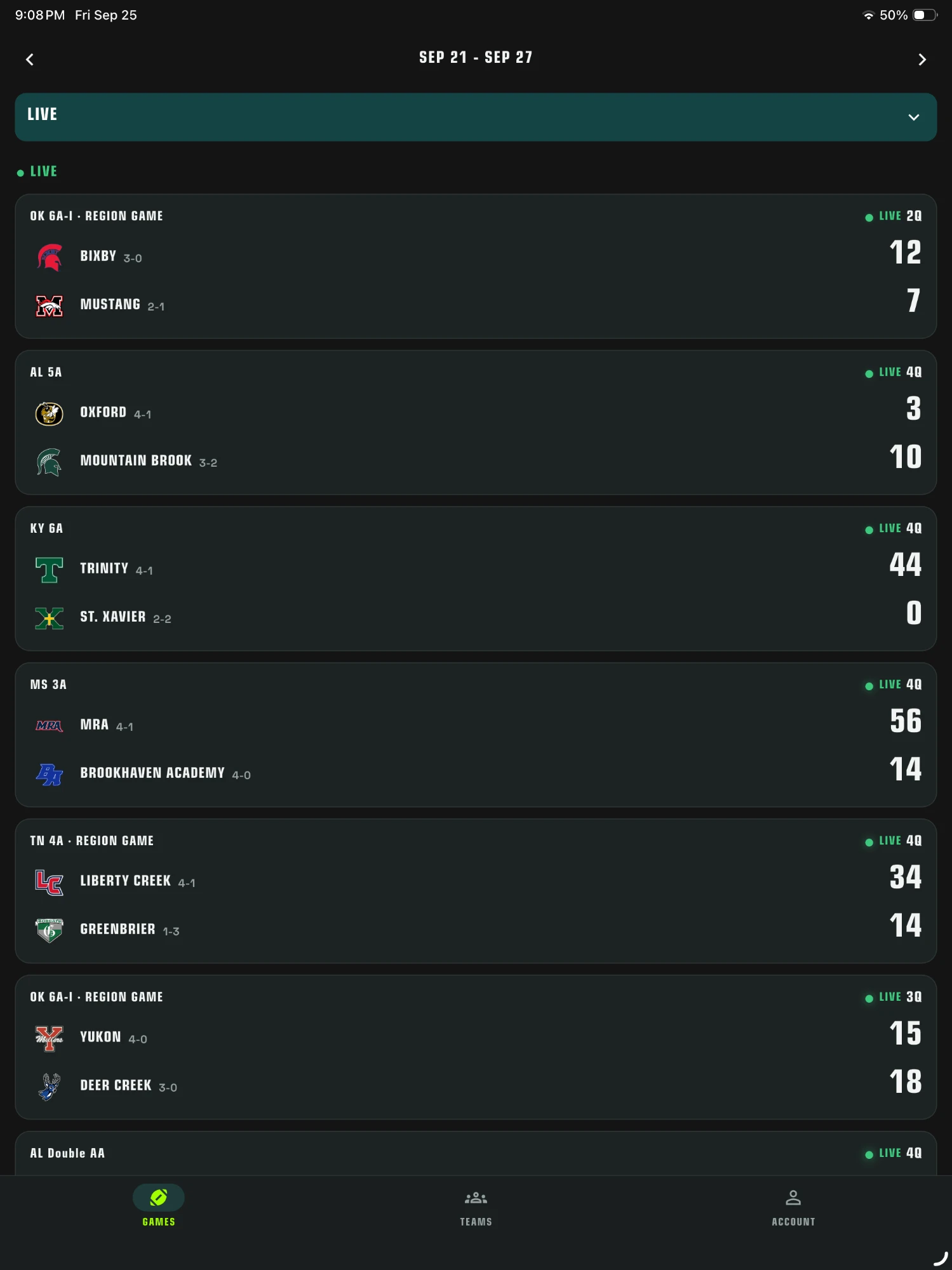 Scores tab in the XO Scores iPad app